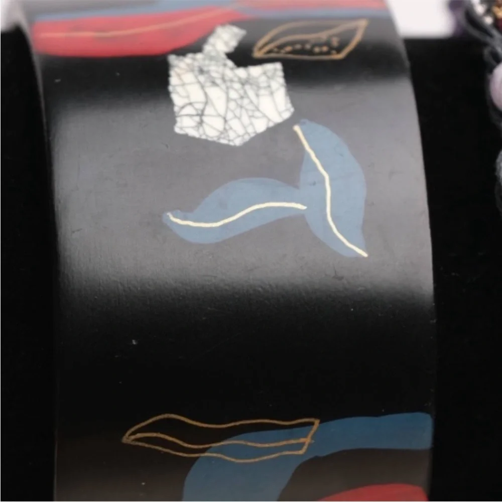 Black Wide Cuff Bracelet Abstract Inlay Modern Statement Bracelet